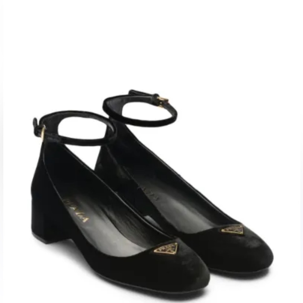 Prada Triangle-Logo Almond Toe Velvet Pumps Sz IT39